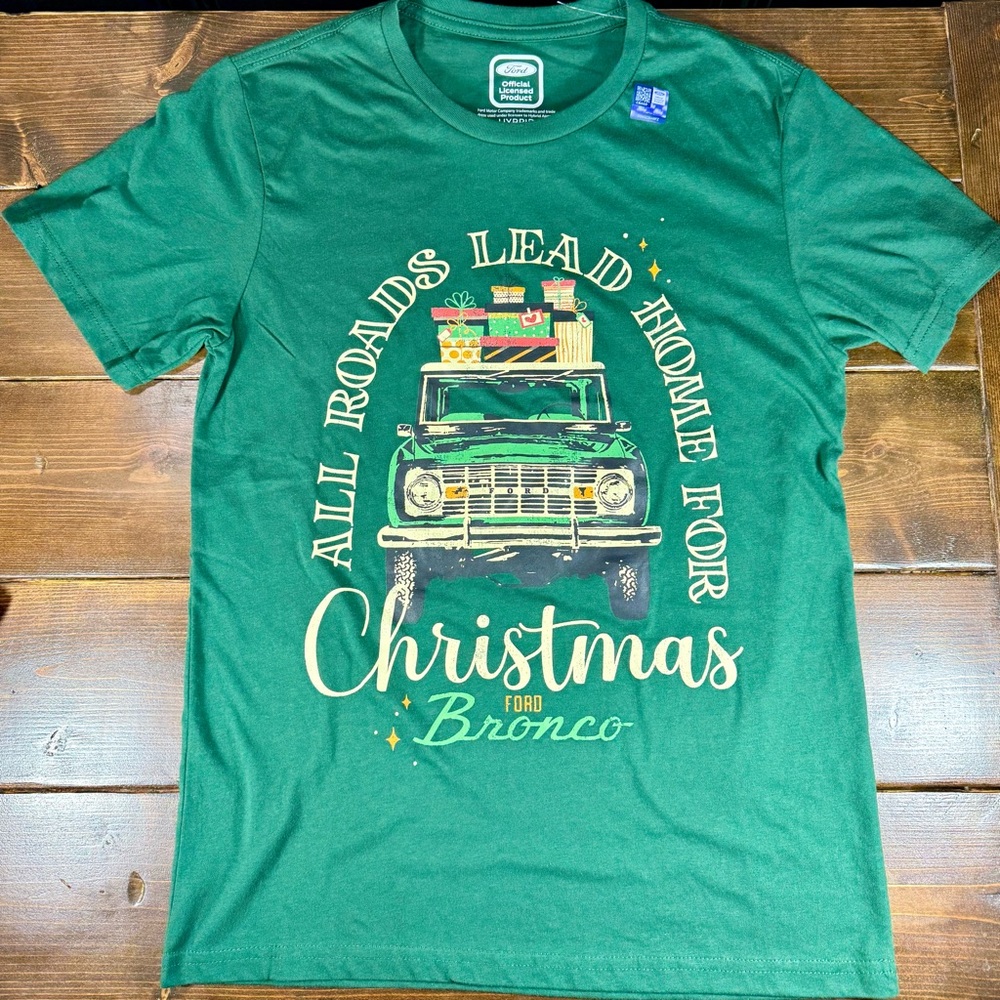 Official Ford Bronco Short Sleeve Christmas T-Shirt Mens S - Green NEW *READ